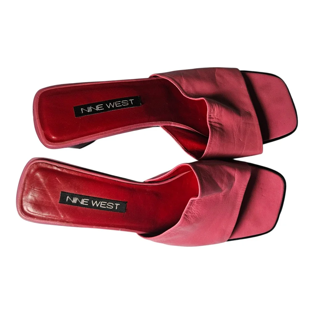 Nine West Square Toe Slide Sandals Pink Leather Mules Y2K 90s Slip On Sz 8.5 - Picture 5 of 14